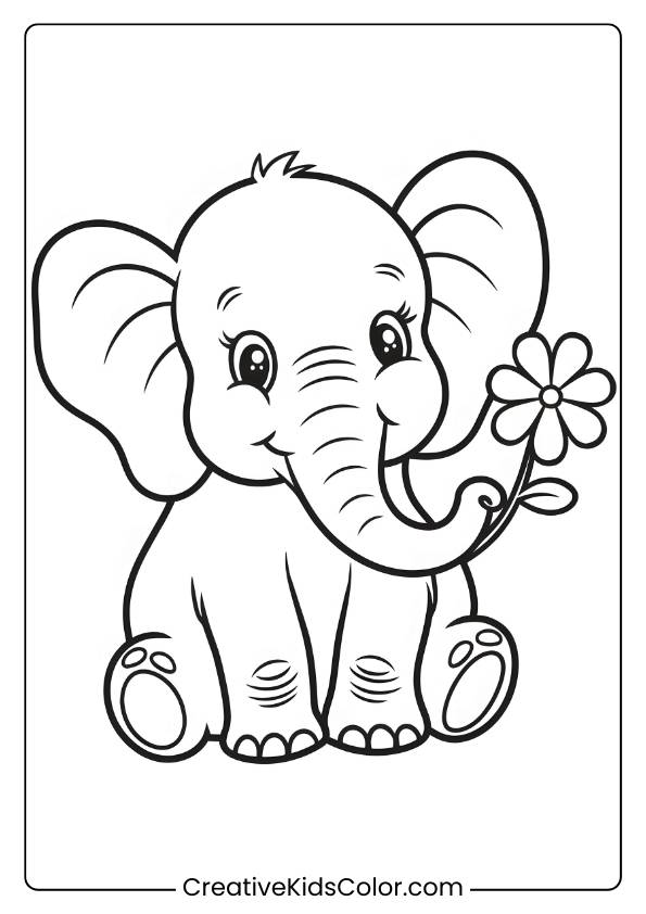 Coloring Page Of An Adorable Elephant Holding A Flower.