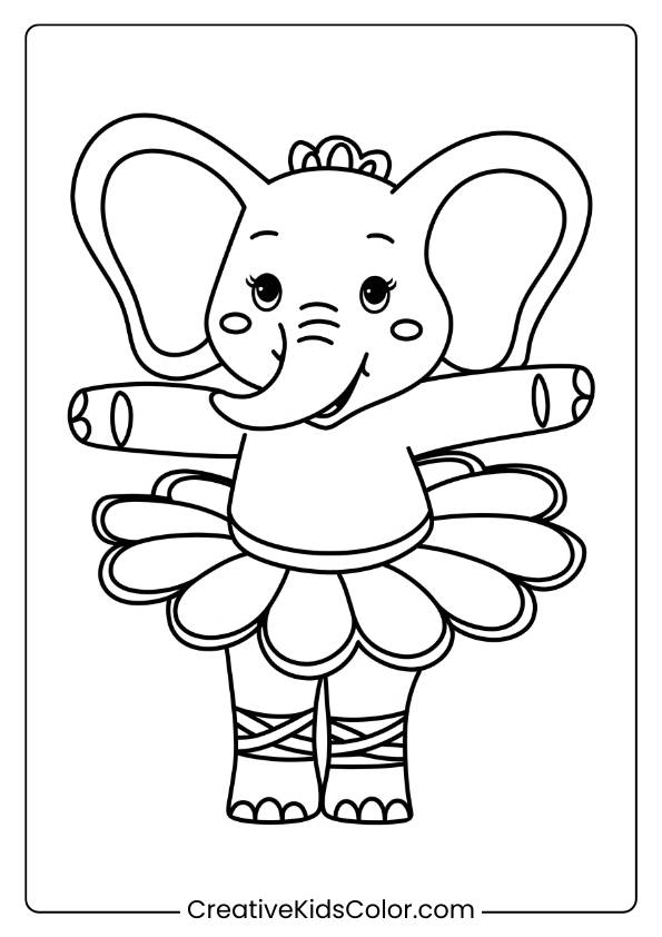 Coloring Page Of A Tutu-Wearing Elephant Dancing.
