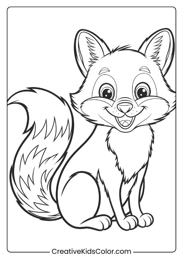 Fox Coloring Page Featuring An Adorable Fox Sitting Happily With A Fluffy Tail And Expressive Eyes, Perfect For Young Artists.