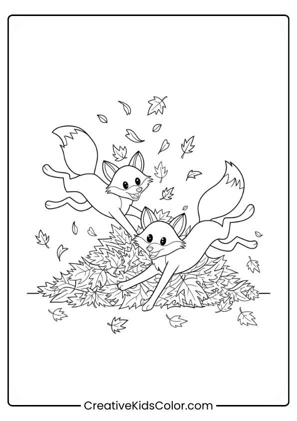 Foxes Playing In Autumn Leaves, Shown In This Playful Fall Coloring Page.
