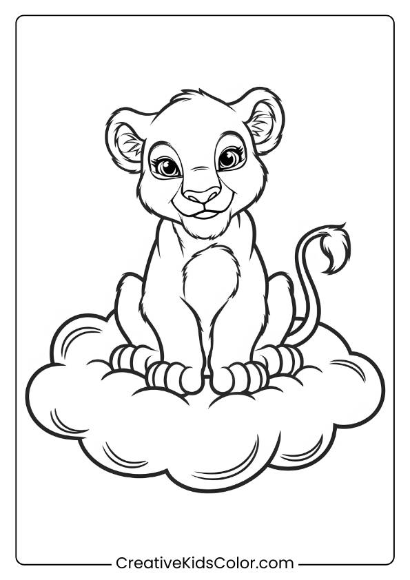 A Young Lion Cub Sitting On A Soft Cloud, Offering A Whimsical And Fun Lion Coloring Page For Children.
