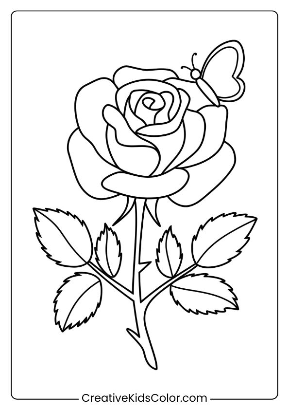 Rose Coloring Page With A Butterfly Companion, Highlighting Nature’s Beauty And Delicate Friendship In This Design.