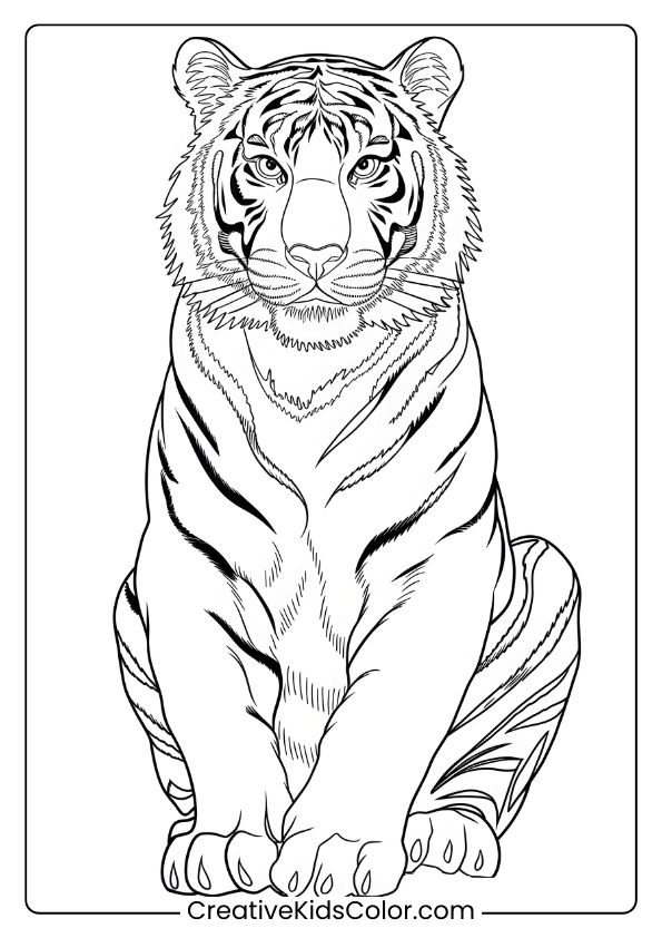 Adorable Tiger Coloring Page With A Calm Tiger In A Seated Pose, Showing Intricate Patterns.