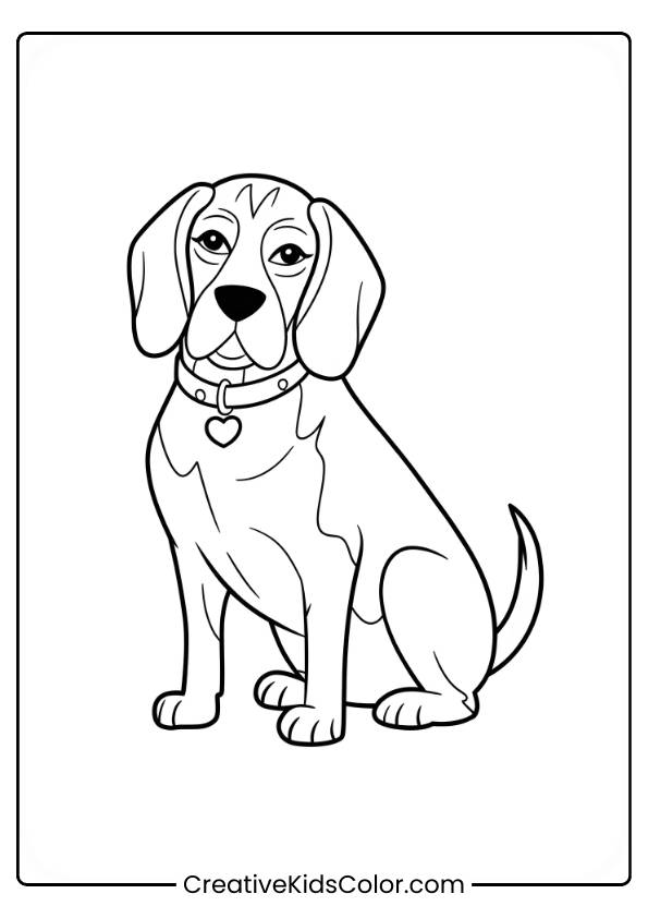 Adult Beagle With A Heart-Shaped Tag Sitting Upright In A Dog Coloring Page.