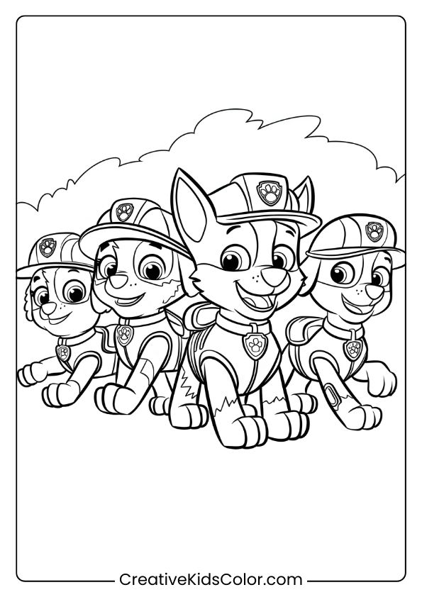 Paw Patrol Ausmalbild Mit Vier Welpen In Uniform, Die Unter Einem Wolkigen Himmel Für Eine Mission Bereitstehen.
