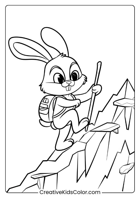 Coloring Page Of An Adventure Bunny Climbing A Mountain, Ideal For A Fun, Outdoor-Themed Coloring Activity.