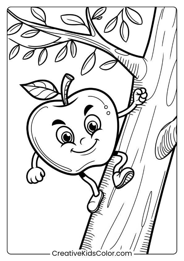 A Playful Coloring Page Showing An Adventurous Apple Climbing A Tree, Perfect For Kids’ Fun.