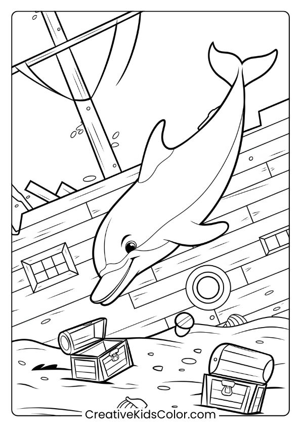 A Dolphin Exploring A Sunken Ship With Treasures, Creating A Thrilling Coloring Page.