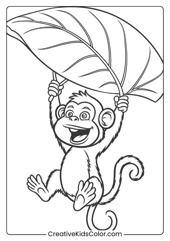 A Monkey Coloring Page Showing A Cheerful Monkey Using A Leaf As A Parachute, Mid-Air In A Playful Pose.