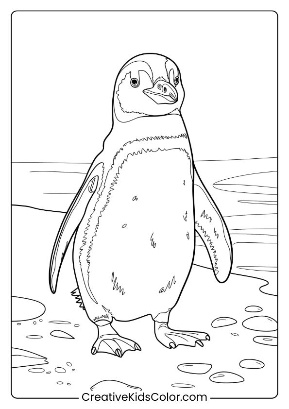 An African Penguin On A Sunny Beach, Set Against The Ocean Waves, A Unique Beach-Themed Penguin Coloring Page.