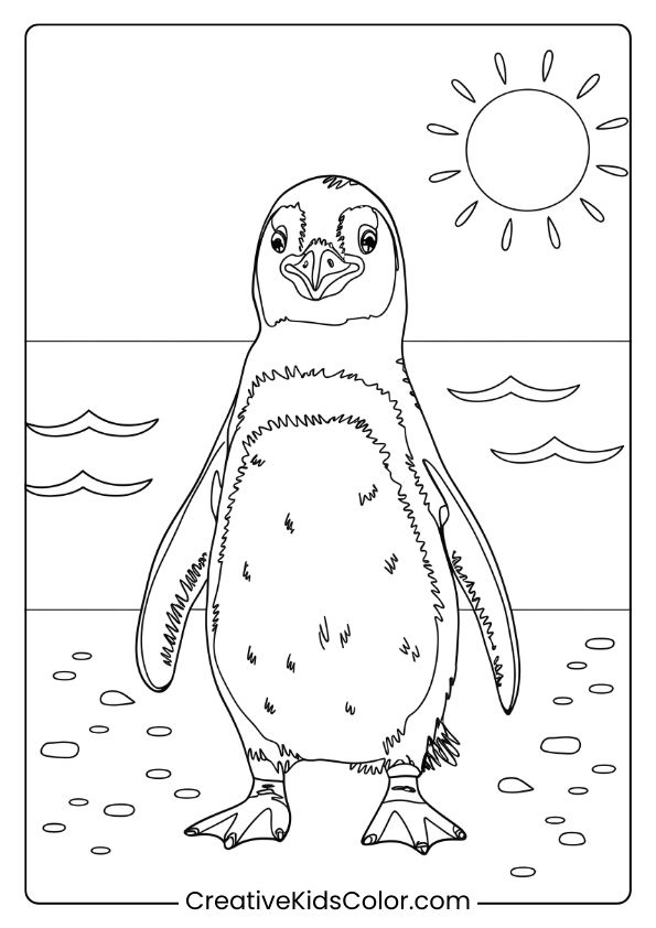 African Penguin On A Sunny Beach With Gentle Waves, Perfect For A Relaxing, Nature-Themed Coloring Page.