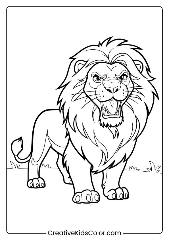 Alex The Lion Roaring In A Grassy Landscape, A Perfect Coloring Page For Children To Explore Their Creativity.