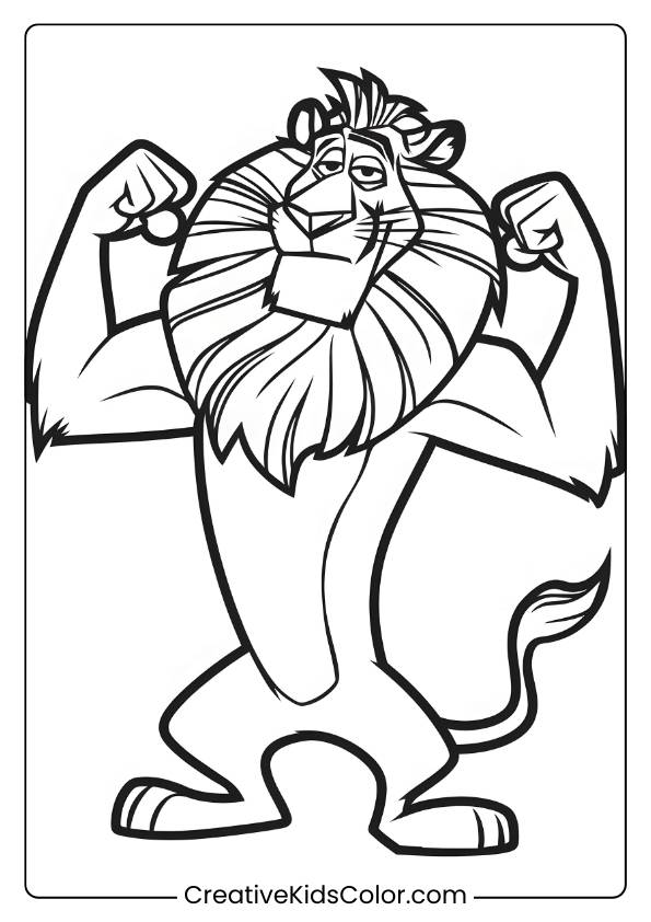 A Strong Lion Character, Alex, Flexing His Muscles, Providing A Fun Lion Coloring Page For Children.