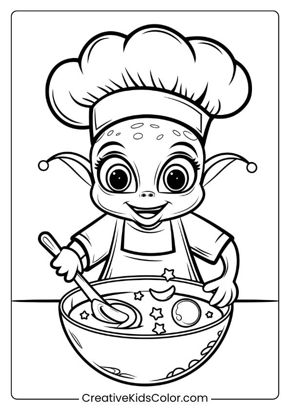 Coloring Page Of An Alien Chef Preparing Space Snacks With A Bowl Of Stars, Adding Fun To Cosmic Adventures.