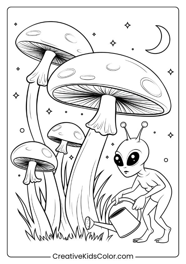 Coloring Page Of An Alien Gardening With Space Mushrooms, In A Magical, Cosmic Setting With Stars And A Crescent Moon.