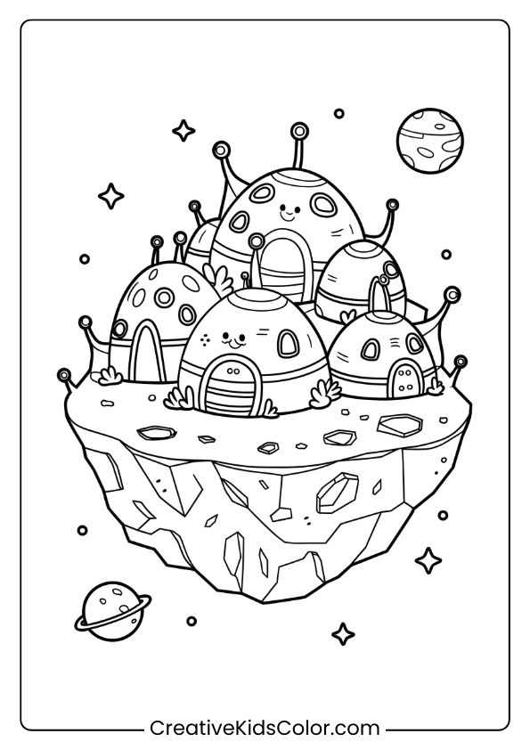 Coloring Page Of An Alien Village On A Floating Asteroid, Complete With Unique Dome Structures And Celestial Objects.