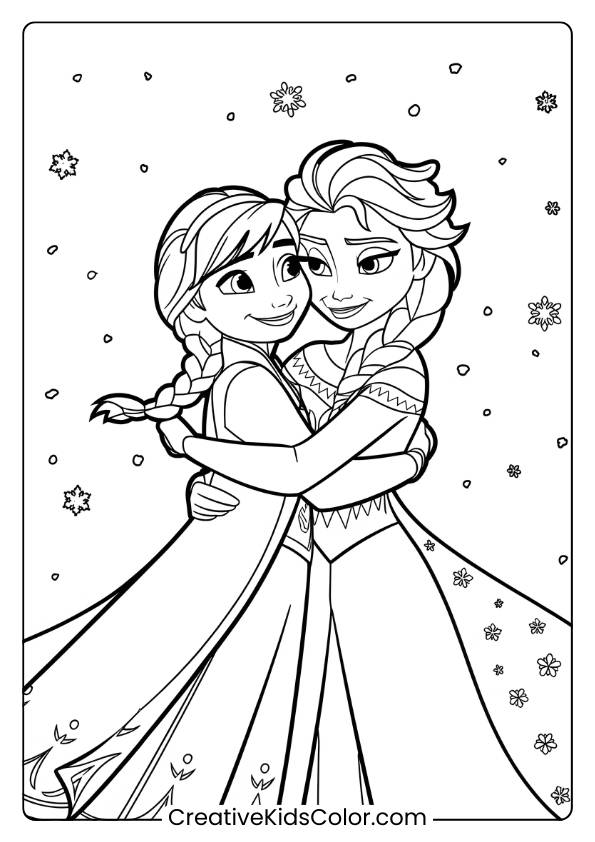 Anna And Elsa Hugging In The Snow In This Printable Coloring Page, Showcasing The Close Bond Between The Frozen Sisters.