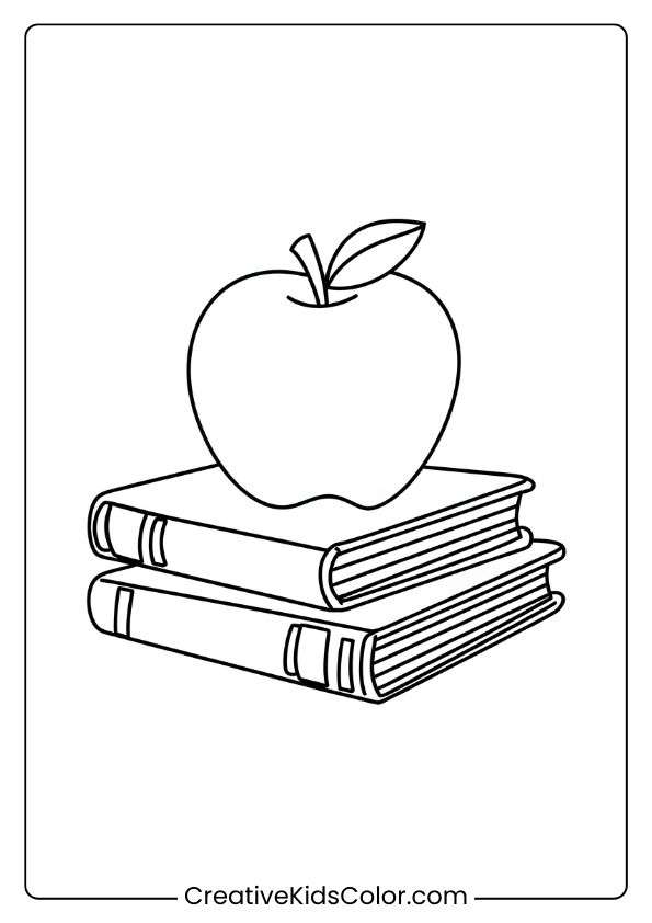 Vintage-Themed Coloring Page With An Apple Balanced On Old Books, Perfect For History Or Learning Scenes.