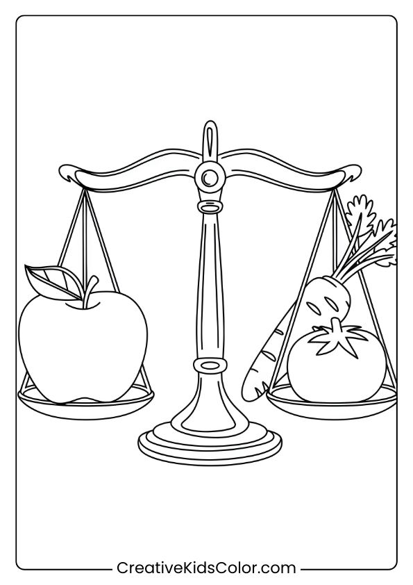 This Coloring Page Features An Apple Balanced With Veggies, Perfect For Teaching About Healthy Eating.