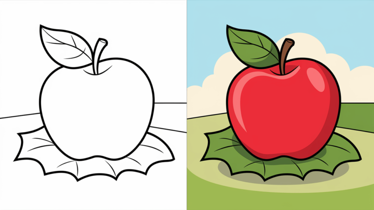 Coloring Page Cover Featuring An Apple Comparison: A Black And White Outline On The Left And A Colorful Apple On Grass With Sky Background On The Right.