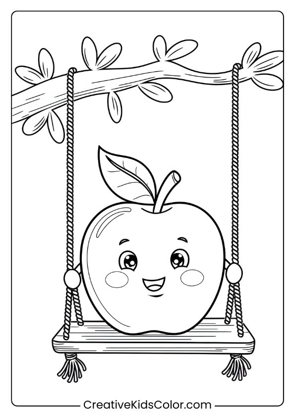 Coloring Page Of An Apple Swinging On A Branch With A Joyful Expression, Adding Fun To Coloring Time.