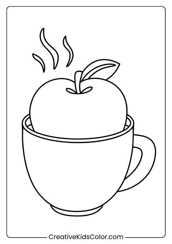 Coloring Page Of An Apple In A Warm Mug Of Cider, Ideal For A Cozy And Festive Coloring Session.