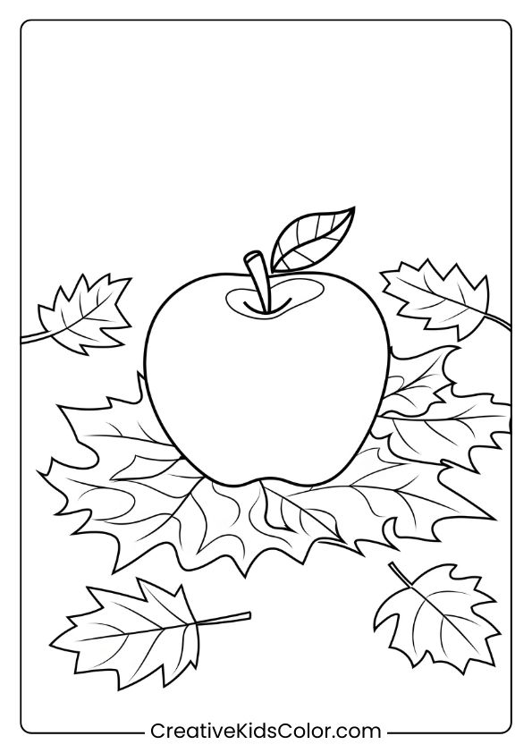This Coloring Page Shows An Apple With Autumn Leaves, Perfect For A Cozy Fall-Themed Coloring Activity.