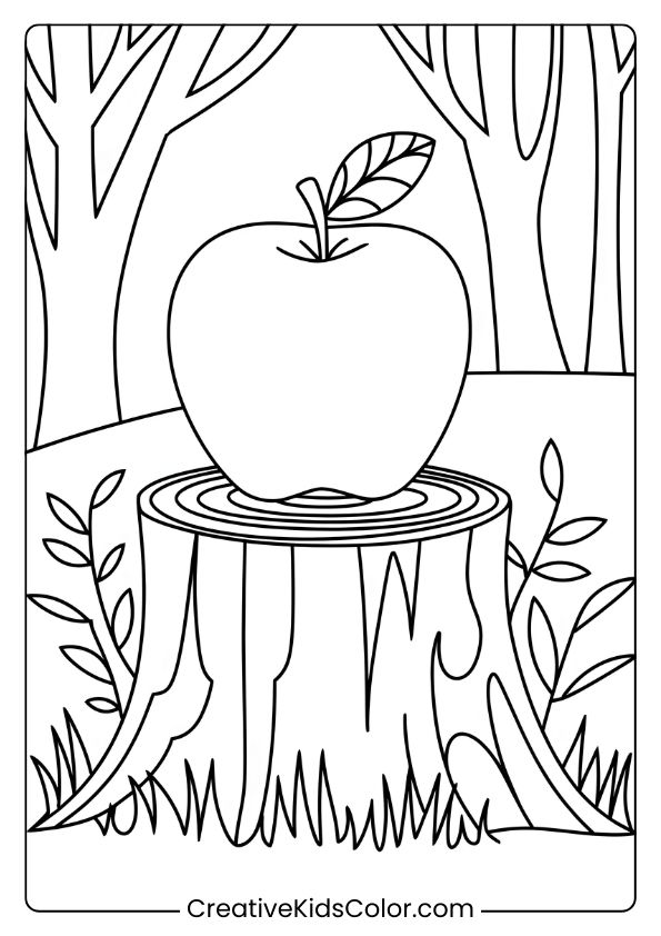 This Coloring Page Shows An Apple On A Tree Stump Surrounded By Trees, Perfect For Nature Lovers.