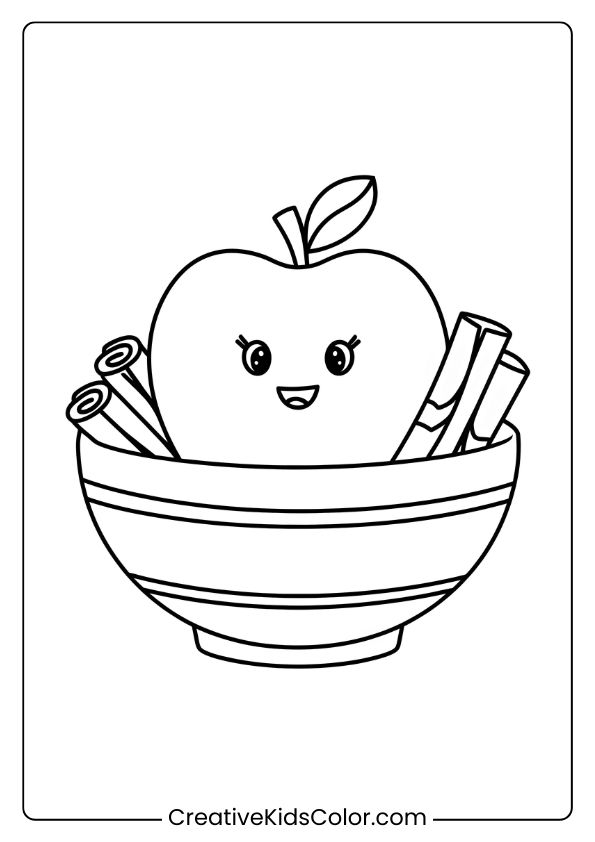 Cozy Apple Coloring Page Featuring An Apple In A Bowl With Cinnamon, Ideal For Warm Seasonal Coloring.