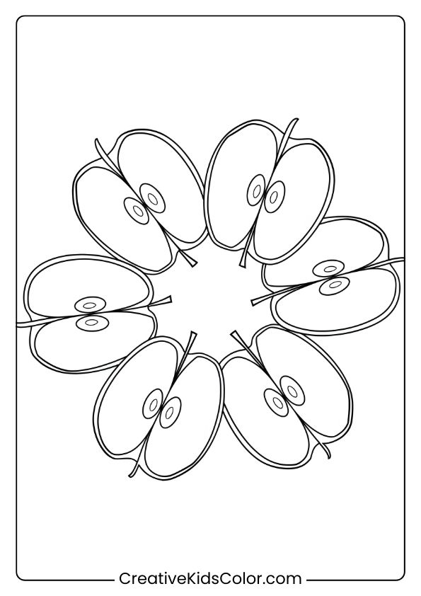 Apple Slice Coloring Page With Star-Shaped Arrangement, Showing Seeds And Core For A Unique Coloring Experience.