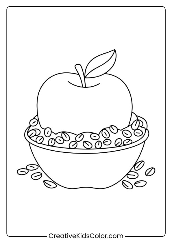 Coloring Page Of An Apple With Oats And Granola, Capturing A Wholesome Breakfast Theme For Kids.