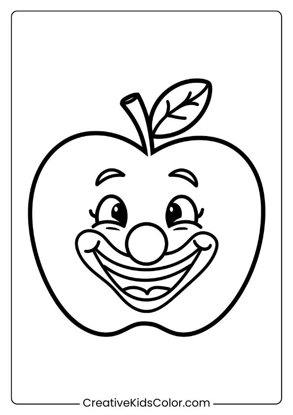 A Playful Apple Coloring Page With A Clown Nose, Ideal For Adding A Touch Of Humor To Kids’ Coloring.