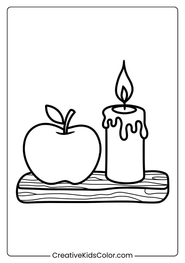 This Coloring Page Features An Apple With A Candle In A Rustic Scene, Adding A Warm, Comforting Touch.