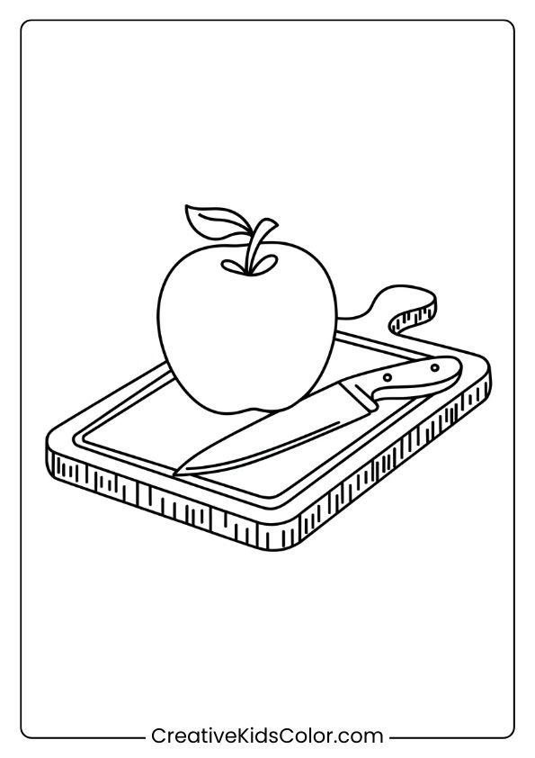 Coloring Page Of An Apple On A Rustic Cutting Board With A Knife, Capturing A Homey Kitchen Scene.