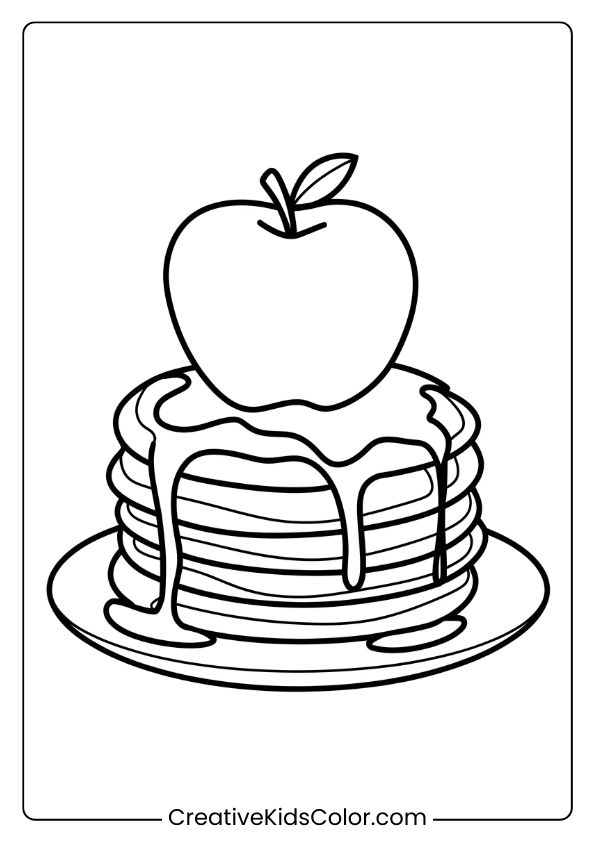 This Coloring Page Shows A Pancake Stack With An Apple And Syrup, A Fun Breakfast-Themed Design.