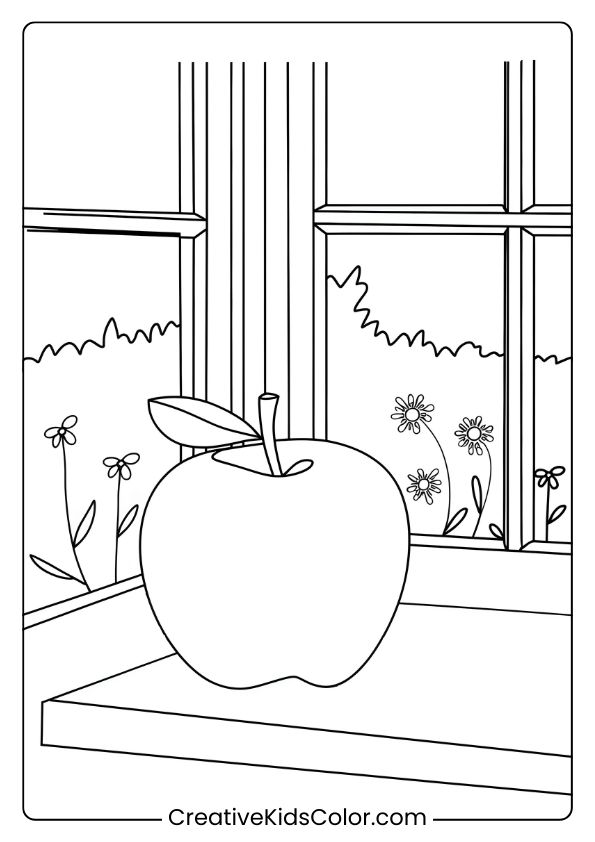 This Coloring Page Features An Apple On A Windowsill With A Garden View, Creating A Peaceful Setting.