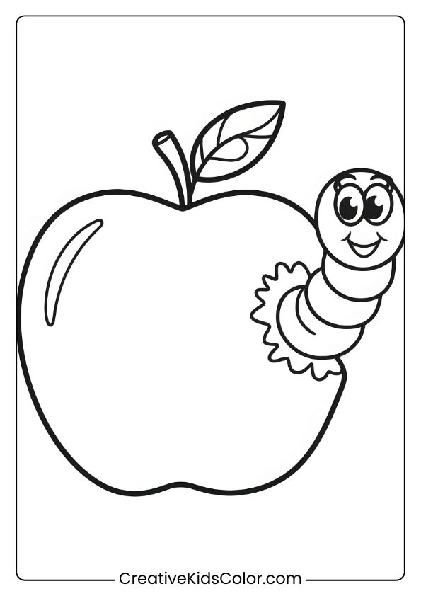Coloring Page Of An Apple With A Cheerful Worm Peeking Out, Perfect For Kids' Creative Play.