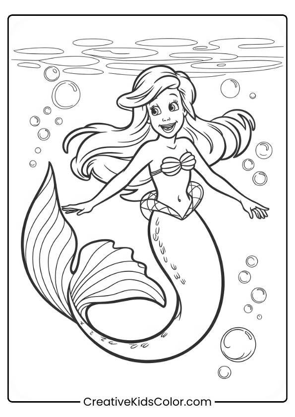 Ariel Swimming Underwater With A Shimmering Tail And Surrounded By Bubbles In This Coloring Page.