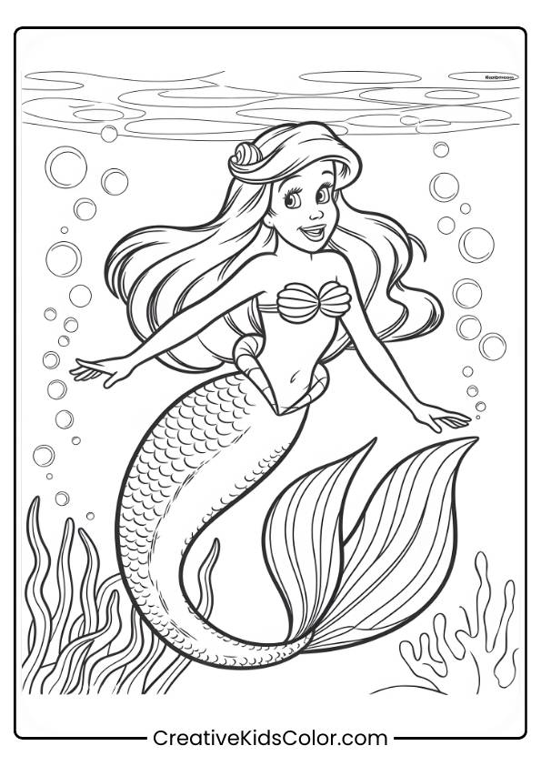 Ariel Swimming Underwater With A Detailed Tail, Bubbles, And Coral In This Vibrant Coloring Page.