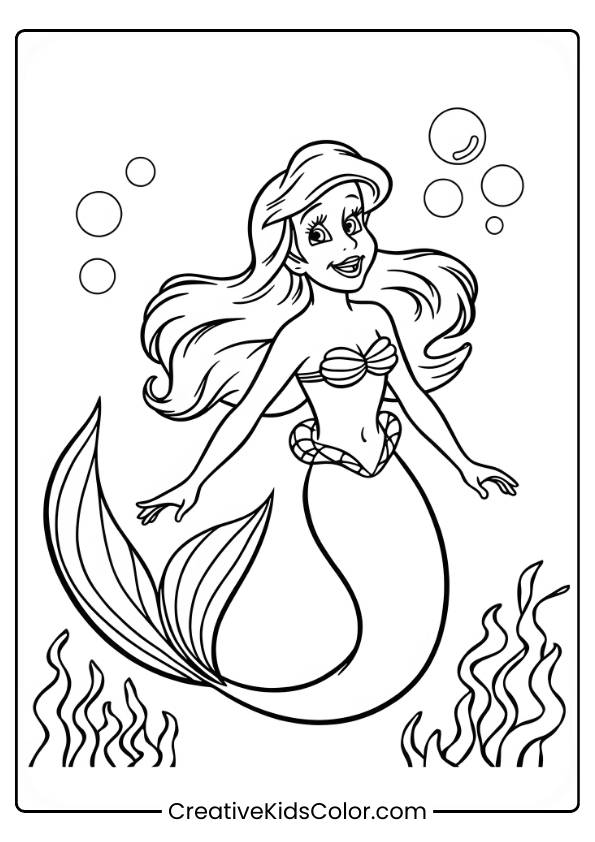 Ariel Swimming Gracefully Underwater With Bubbles And Seaweed In This Coloring Page.