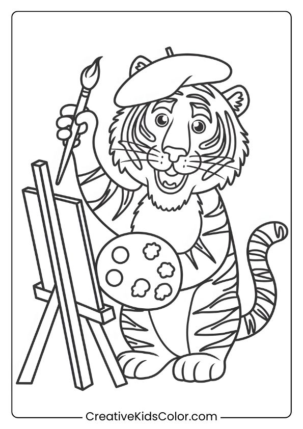 Artist Tiger Coloring Page Featuring A Tiger Holding A Brush And Palette, Standing By A Blank Canvas.