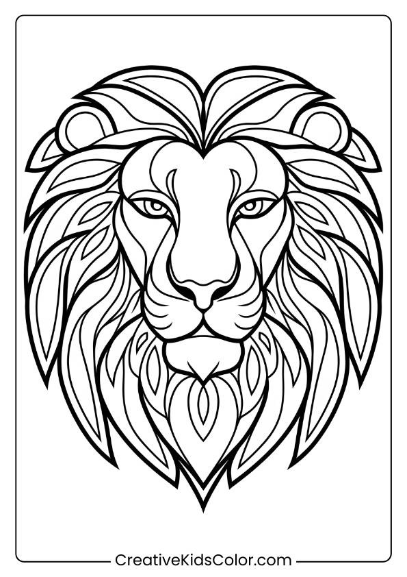 A Stylized Lion Face With Intricate Mandala Patterns, A Unique And Creative Lion Coloring Page For Kids.