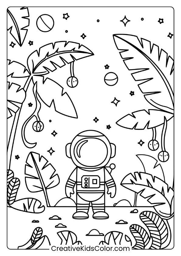 Coloring Page Of An Astronaut Exploring A Jungle Planet With Tropical Plants And A Starry Sky.