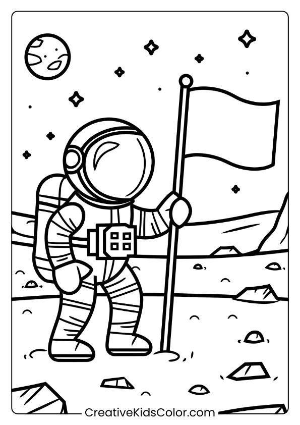 Coloring Page Of An Astronaut Planting A Flag On Mars, With A Starry Sky And Celestial Bodies In The Background.