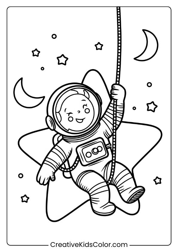 Coloring Page Of An Astronaut Swinging From A Star With Moons And Stars Around, Perfect For A Whimsical Space Theme.