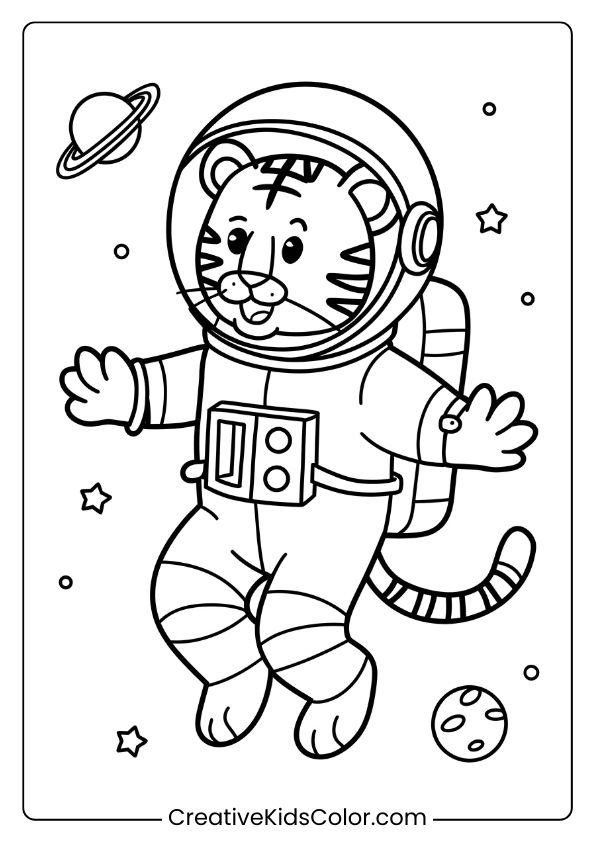 Astronaut Tiger Coloring Page Featuring A Tiger In Space With Planets, Stars, And A Satellite.