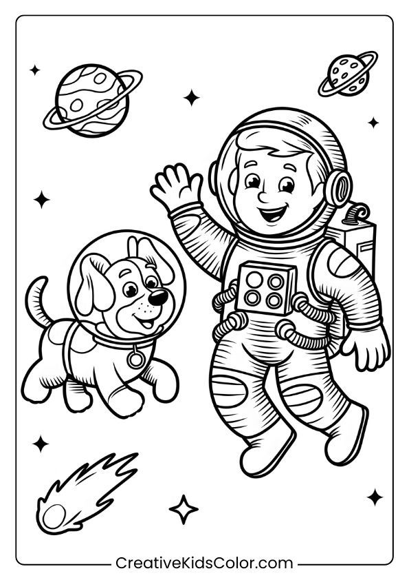 Coloring Page Of An Astronaut And A Joyful Space Dog In Outer Space, Surrounded By Stars And Planets.