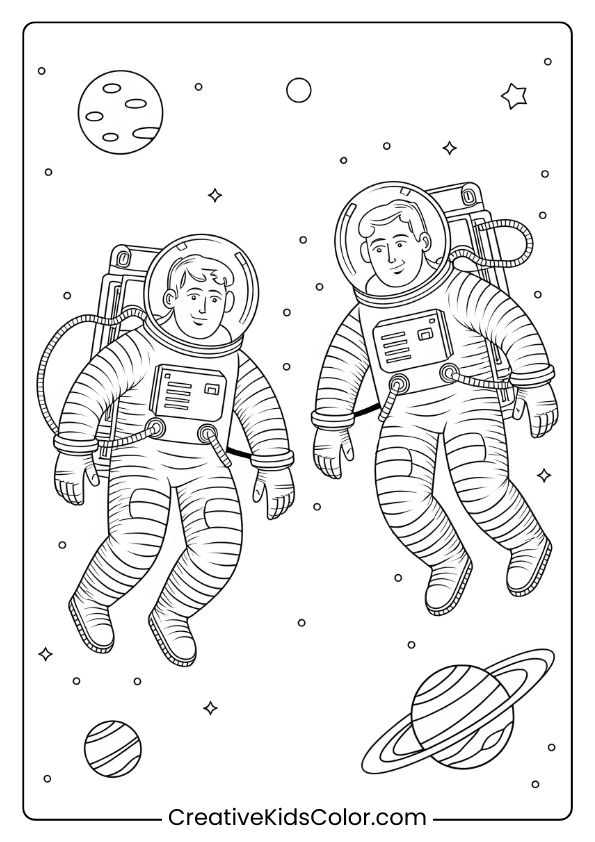 Coloring Page Of Two Astronauts Floating In A Galaxy With Stars, Planets, And A Ringed Planet In The Background.