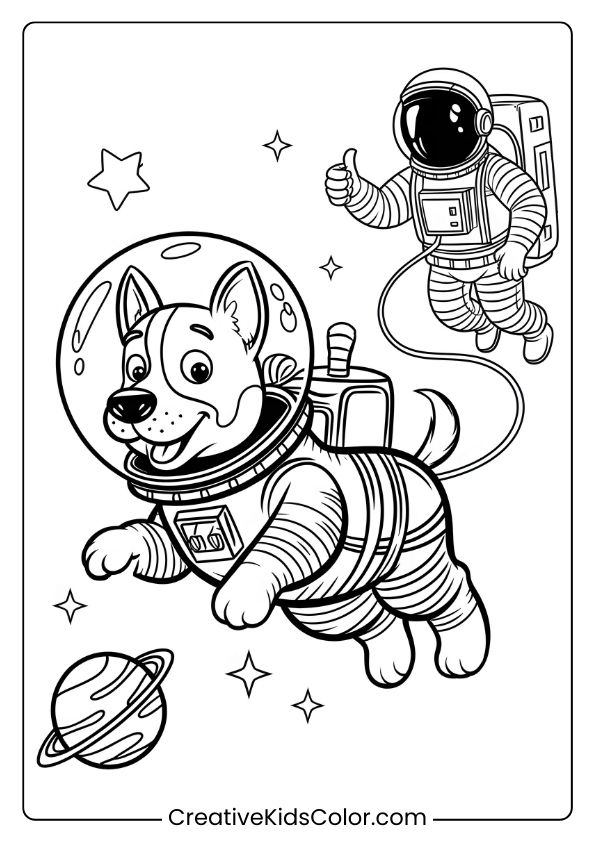 Coloring Page Of An Astronaut And A Pet Dog In Space Suits, Floating In A Cosmic Setting With Stars And A Ringed Planet.