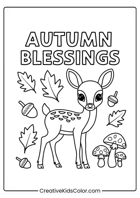 A Deer With &Quot;Autumn Blessings&Quot; Text Surrounded By Leaves And Acorns In This Coloring Page.